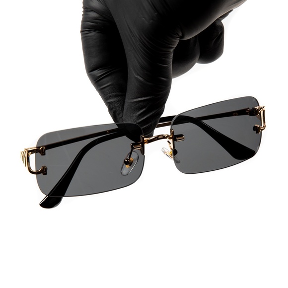 Black Gradient Tint Gold Frame Rimless Sunglasses - Picture 3 of 6